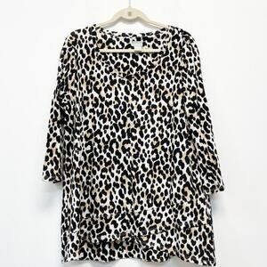 Chico's Womens 3 Brown Leopard Animal Print Faux Crossover Slub‎ Tee Blouse
